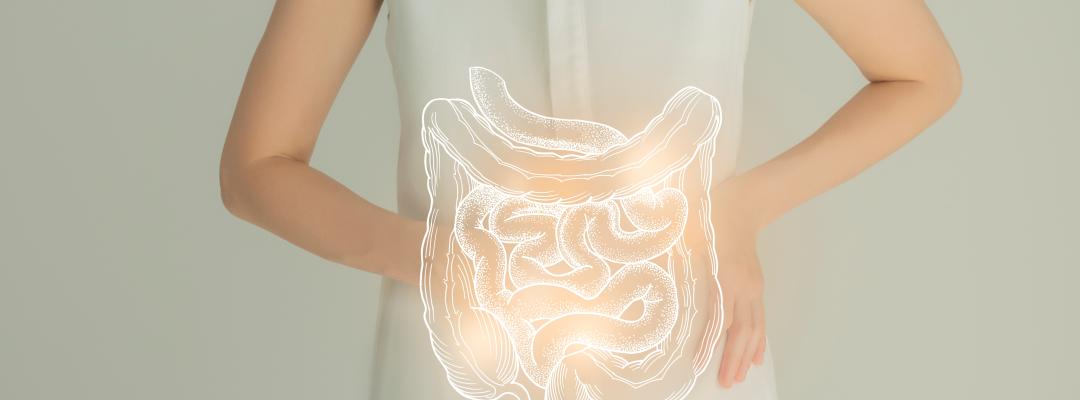 Grafik eines Darms leuchtet vor einer stehenden Person auf