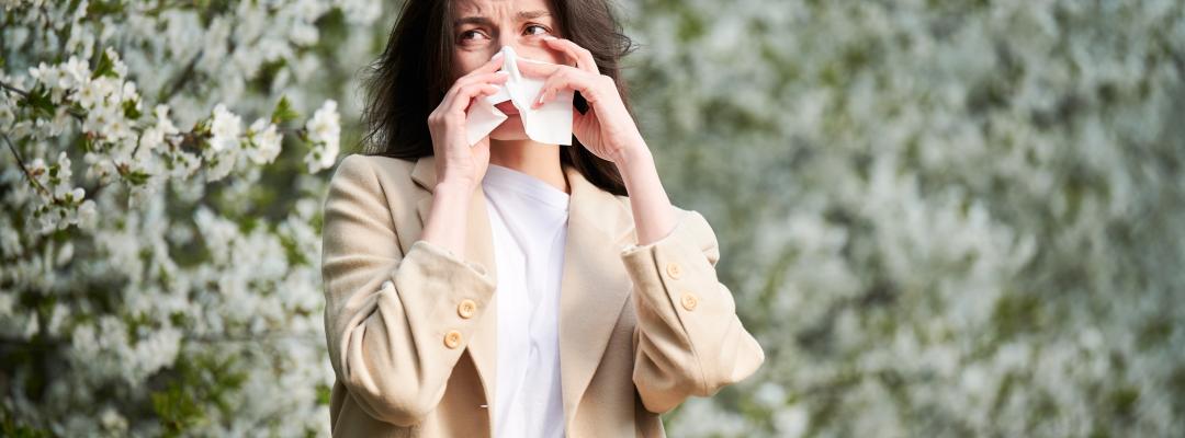 Woman allergic suffering from seasonal allergy at spring in blossoming garden at springtime. Young woman sneezing and blowing nose with nasal handkerchief in front of blooming tree. Allergy concept.