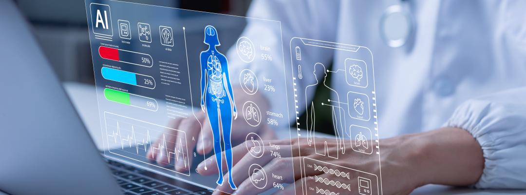 Ai Healthcare Technologiekonzept mit professionellem Arzt unter Verwendung digitaler Daten, moderner Medizin, Patientenversorgung, intelligentem Gesundheitssystem und medizinischer Innovation.
