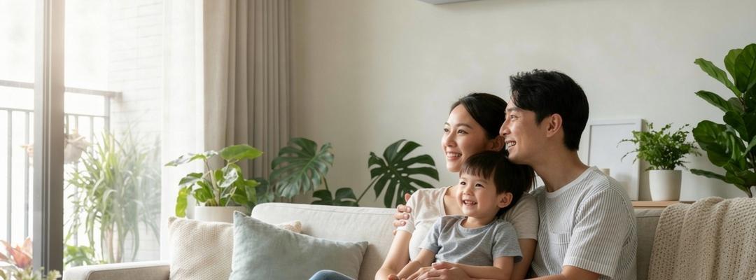 Asian couple enjoying their inverter air conditioner at home Air conditioner should be visible and the main highlight. Remove air lines Smiling and not directly looking at the camera