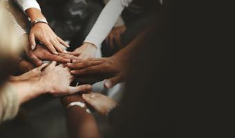 Verschiedene Hände in Einheit. Multirassische Gruppe, die Teamarbeit zeigt. Hände in der Zusammenarbeit, die Vielfalt und Integration symbolisieren. Einheit und Vielfalt im Team. Professionelles Geschäftsimage.